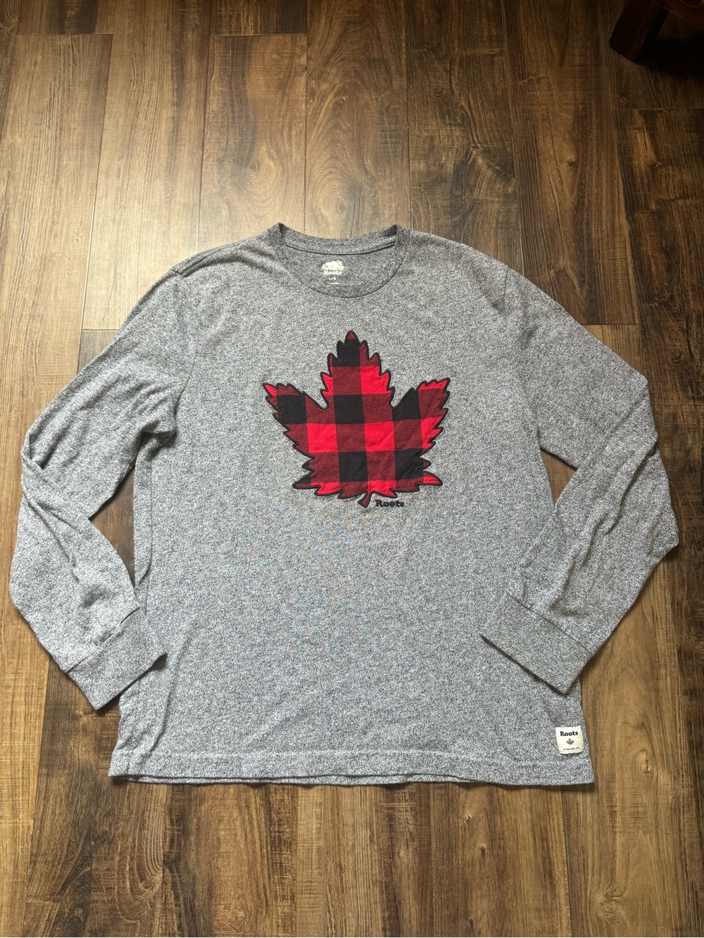 Mens Roots Gray Long Sleeve Shirt with Red Plaid Maple Leaf